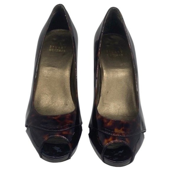 Stuart Weitzman Tortoise Pattern Patent Leather Open Toe Stiletto Pump Size 7.5 - Picture 2 of 10